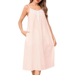 SWOMOG 100% Cotton Nightgowns for Women Lace Nightgown Sleeveless Sleep Dress Victorian Sleepshirt Button Strap Gown(Light Pink)