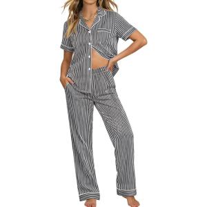 SWOMOG 100% Cotton Pajamas Set for Women Button-Down Pjs Short Sleeve Tops and Pants with Pocket 2PCS Loungewear Pj(Black&white Stripes)