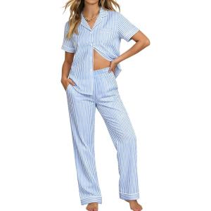 SWOMOG 100% Cotton Pajamas Set for Women Button-Down Pjs Short Sleeve Tops and Pants with Pocket 2PCS Loungewear Pj(Blue&white Stripes)