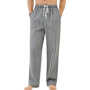 SWOMOG Men Cotton Pajama Pants 100% Cotton Lightweight Soft Plaid Striped Pj Trouser Bottoms Casual Lounge Pants with Pocket(Black White Plaid)