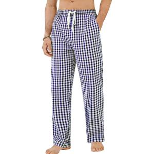 SWOMOG Men Cotton Pajama Pants 100% Cotton Lightweight Soft Plaid Striped Pj Trouser Bottoms Casual Lounge Pants with Pocket(Blue Black Gingham)
