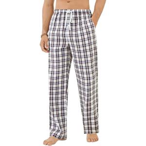 SWOMOG Men Cotton Pajama Pants 100% Cotton Lightweight Soft Plaid Striped Pj Trouser Bottoms Casual Lounge Pants with Pocket(Brown White Plaid)