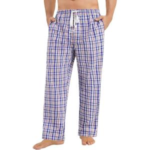 SWOMOG Men Cotton Pajama Pants 100% Cotton Lightweight Soft Plaid Striped Pj Trouser Bottoms Casual Lounge Pants with Pocket(Red Blue Plaid)