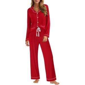 SWOMOG Womens Pajama Sets Long Sleeve Button Down Sleepwear Soft Pjs Lounge Sets with Pockets Navy Blue Wide Piping(Red-two Pockets)