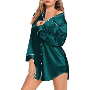 SWOMOG Women’s Satin Sleep Shirt Long Sleeve Sleepwear Silk Nightshirt Button Down Pajama Top(Deep Green)