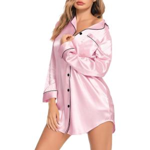SWOMOG Women’s Satin Sleep Shirt Long Sleeve Sleepwear Silk Nightshirt Button Down Pajama Top(G-pink)