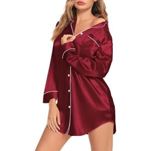 SWOMOG Women’s Satin Sleep Shirt Long Sleeve Sleepwear Silk Nightshirt Button Down Pajama Top(G-wine Red)