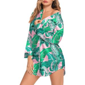 SWOMOG Women’s Satin Sleep Shirt Long Sleeve Sleepwear Silk Nightshirt Button Down Pajama Top(Pink Leaves)