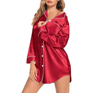 SWOMOG Women’s Satin Sleep Shirt Long Sleeve Sleepwear Silk Nightshirt Button Down Pajama Top(Red)
