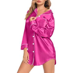 SWOMOG Women’s Satin Sleep Shirt Long Sleeve Sleepwear Silk Nightshirt Button Down Pajama Top(Rose Red)