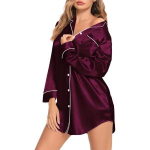 SWOMOG Women’s Satin Sleep Shirt Long Sleeve Sleepwear Silk Nightshirt Button Down Pajama Top(Wineberry)