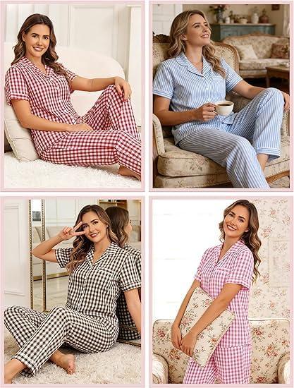 imageSWOMOG 100 Cotton Pajamas Set for Women ButtonDown Pjs Short Sleeve Tops and Pants with Pocket 2PCS Loungewear Pj