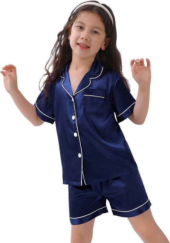 imageSWOMOG Kids Satin Pajamas Sets Girls Boys ButtonDown Pjs Short Sleeve Silk Nightwear 2 Piece Lounge SetsNavy Blue