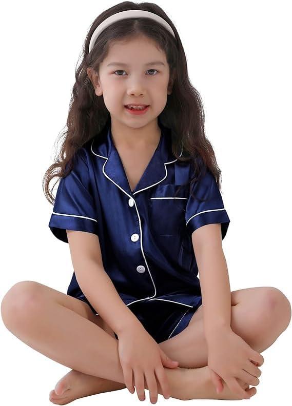 imageSWOMOG Kids Satin Pajamas Sets Girls Boys ButtonDown Pjs Short Sleeve Silk Nightwear 2 Piece Lounge SetsNavy Blue