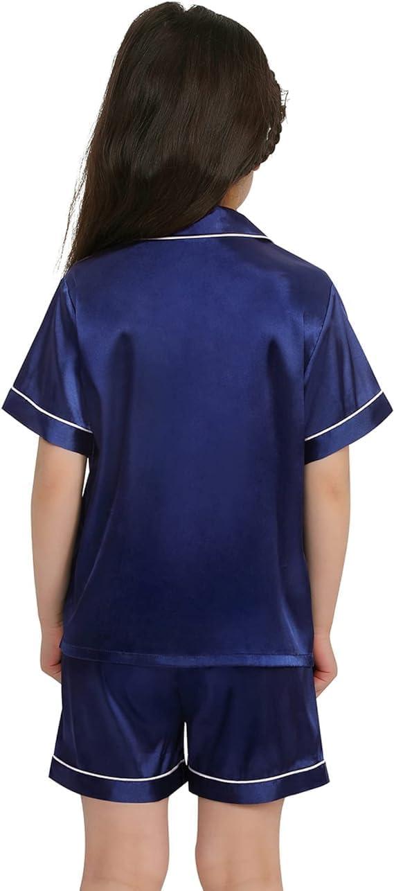 imageSWOMOG Kids Satin Pajamas Sets Girls Boys ButtonDown Pjs Short Sleeve Silk Nightwear 2 Piece Lounge SetsNavy Blue