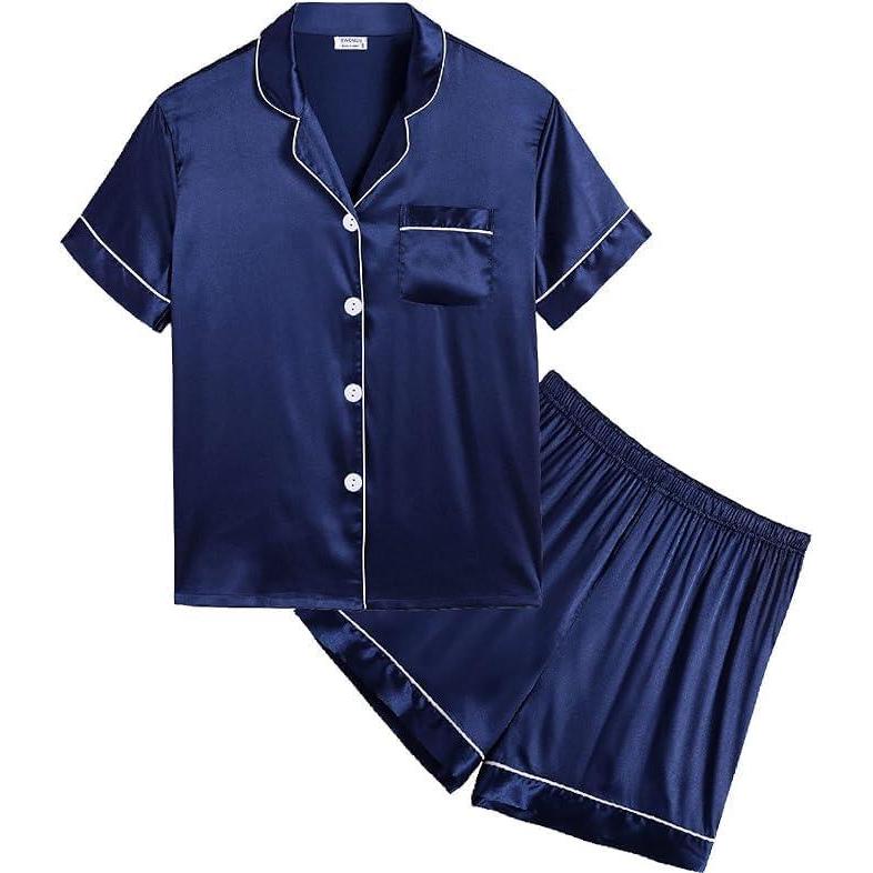 imageSWOMOG Kids Satin Pajamas Sets Girls Boys ButtonDown Pjs Short Sleeve Silk Nightwear 2 Piece Lounge SetsNavy Blue