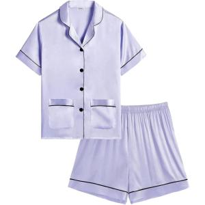 SWOMOG Girls Pajamas Silk Satin Pajama Set Short Sleeve Button Down Sleepwear Soft Cute PJs Shorts Loungewear Coal Black,4Y-5Y