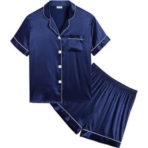SWOMOG Kids Satin Pajamas Sets Girls Boys Button-Down Pjs Short Sleeve Silk Nightwear 2 Piece Lounge Sets(Navy Blue)
