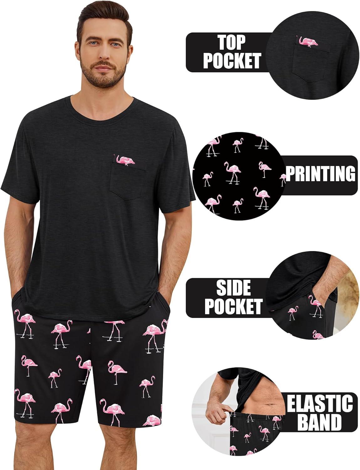 imageSWOMOG Mens Pajama Set Short Sleeve Pjs Set Soft Comfy Sleepwear Summer 2 Piece Loungewear Print With Pocket SXXLPink Flamingos