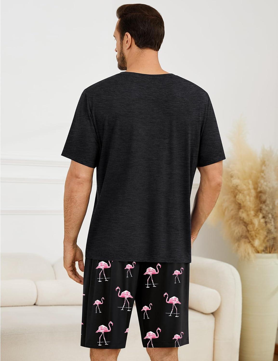 imageSWOMOG Mens Pajama Set Short Sleeve Pjs Set Soft Comfy Sleepwear Summer 2 Piece Loungewear Print With Pocket SXXLPink Flamingos
