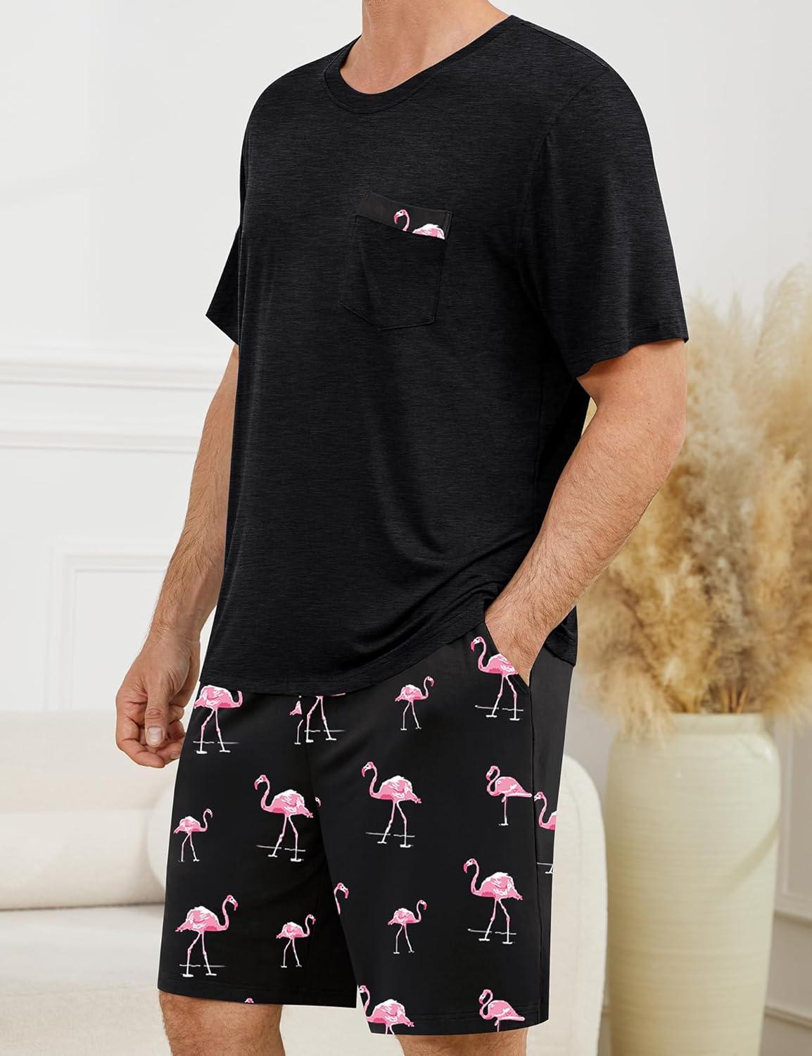 imageSWOMOG Mens Pajama Set Short Sleeve Pjs Set Soft Comfy Sleepwear Summer 2 Piece Loungewear Print With Pocket SXXLPink Flamingos