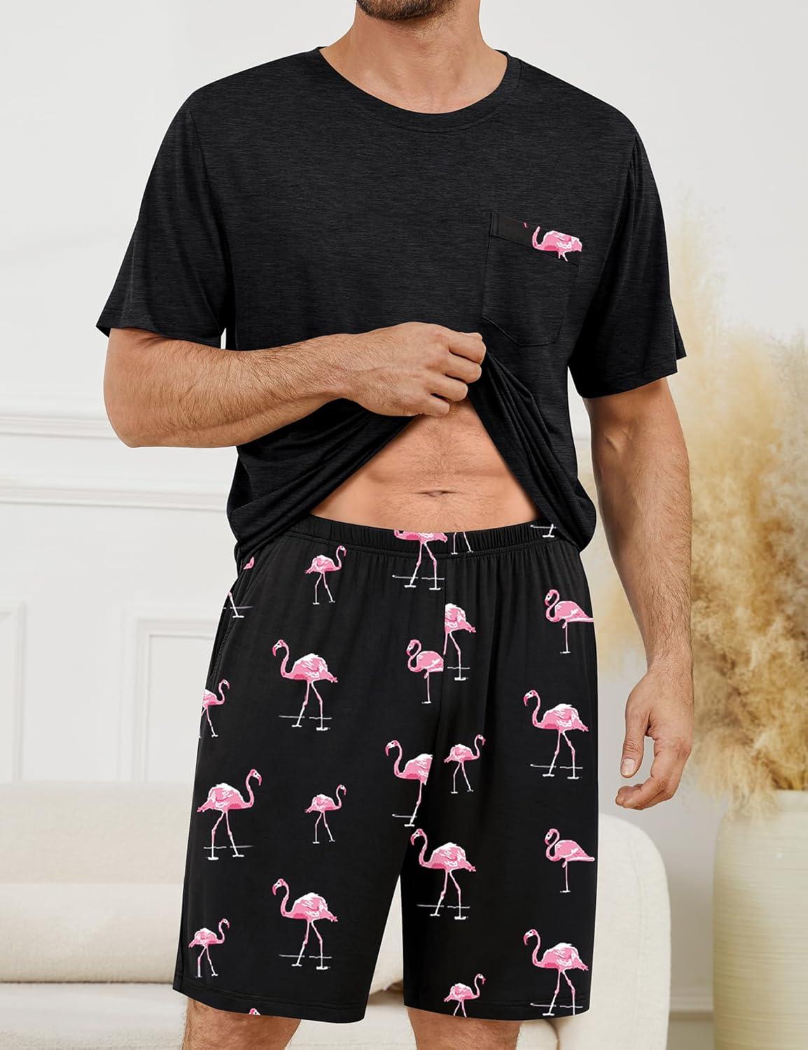 imageSWOMOG Mens Pajama Set Short Sleeve Pjs Set Soft Comfy Sleepwear Summer 2 Piece Loungewear Print With Pocket SXXLPink Flamingos