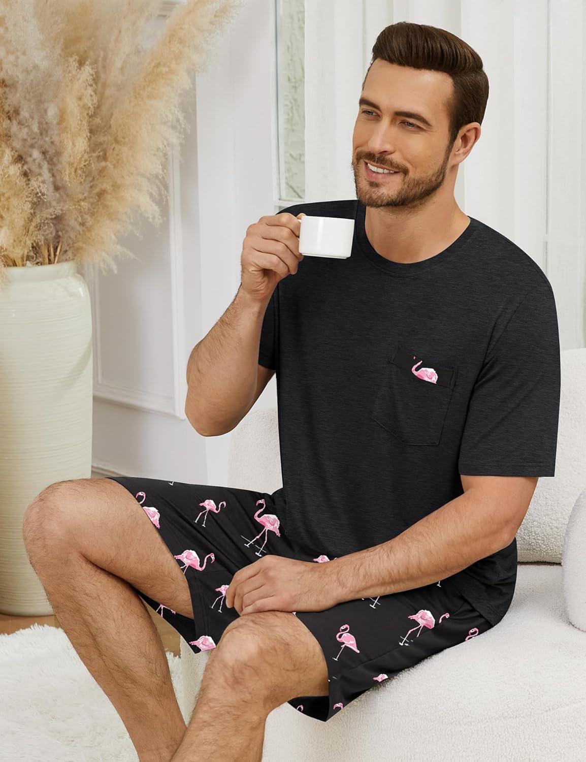 imageSWOMOG Mens Pajama Set Short Sleeve Pjs Set Soft Comfy Sleepwear Summer 2 Piece Loungewear Print With Pocket SXXLPink Flamingos
