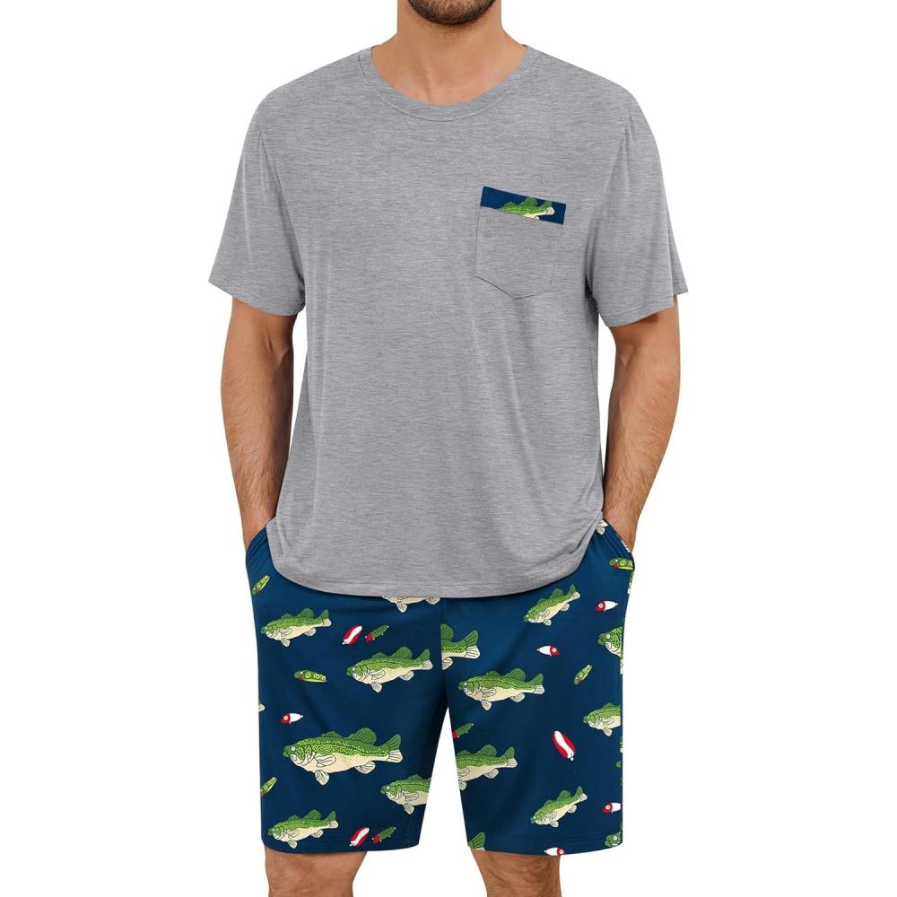 imageSWOMOG Mens Pajama Set Short Sleeve Pjs Set Soft Comfy Sleepwear Summer 2 Piece Loungewear Print With Pocket SXXLBass
