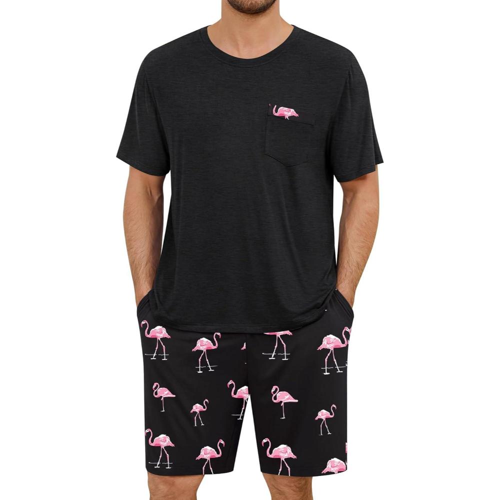 imageSWOMOG Mens Pajama Set Short Sleeve Pjs Set Soft Comfy Sleepwear Summer 2 Piece Loungewear Print With Pocket SXXLPink Flamingos