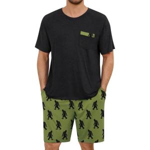 SWOMOG Mens Pajama Set Short Sleeve Pjs Set Soft Comfy Sleepwear Summer 2 Piece Loungewear Print With Pocket S-XXL(Army Green Bigfoot)