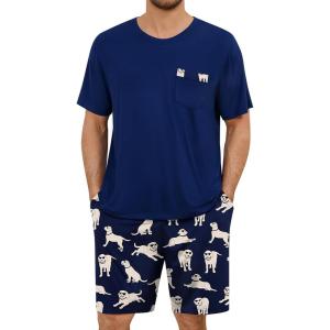 SWOMOG Mens Pajama Set Short Sleeve Pjs Set Soft Comfy Sleepwear Summer 2 Piece Loungewear Print With Pocket S-XXL(Blue White Dog)