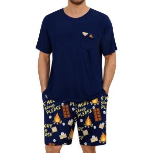 SWOMOG Mens Pajama Set Short Sleeve Pjs Set Soft Comfy Sleepwear Summer 2 Piece Loungewear Print With Pocket S-XXL(Navy Blue Choc)