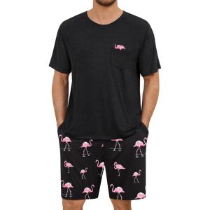 SWOMOG Mens Pajama Set Short Sleeve Pjs Set Soft Comfy Sleepwear Summer 2 Piece Loungewear Print With Pocket S-XXL(Pink Flamingos)