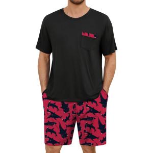SWOMOG Mens Pajama Set Short Sleeve Pjs Set Soft Comfy Sleepwear Summer 2 Piece Loungewear Print With Pocket S-XXL(Pink Shark)