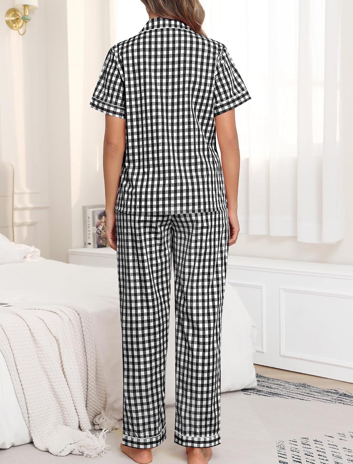 imageSWOMOG 100 Cotton Pajamas for Women Set 2PCS ButtonDown Lounge Pjs Short Sleeve Tops and LongPants with PocketBlackwhite Plaid