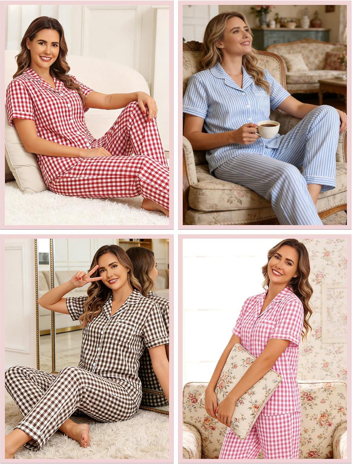 imageSWOMOG 100 Cotton Pajamas for Women Set 2PCS ButtonDown Lounge Pjs Short Sleeve Tops and LongPants with PocketBlackwhite Stripes