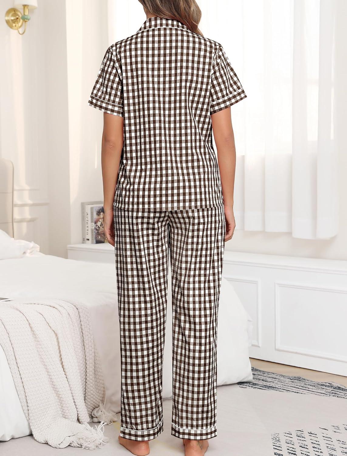 imageSWOMOG 100 Cotton Pajamas for Women Set 2PCS ButtonDown Lounge Pjs Short Sleeve Tops and LongPants with PocketBrownwhite Plaid
