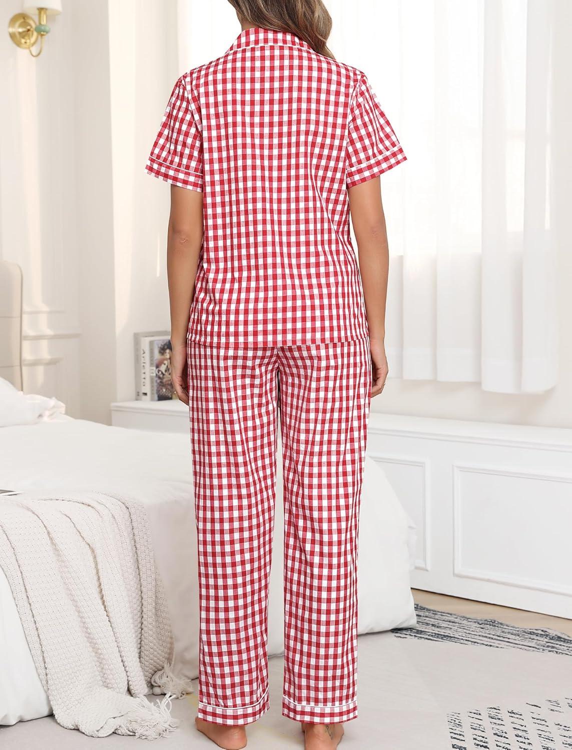 imageSWOMOG 100 Cotton Pajamas for Women Set 2PCS ButtonDown Lounge Pjs Short Sleeve Tops and LongPants with PocketRedwhite Plaid