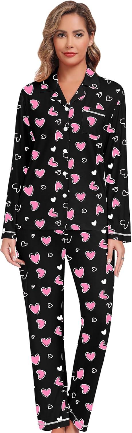 imageSWOMOG Womens Pajama Sets Long Sleeve Button Down Sleepwear Soft Pjs Lounge Sets with Pockets Navy Blue Wide PipingStyleablack Pink Heart