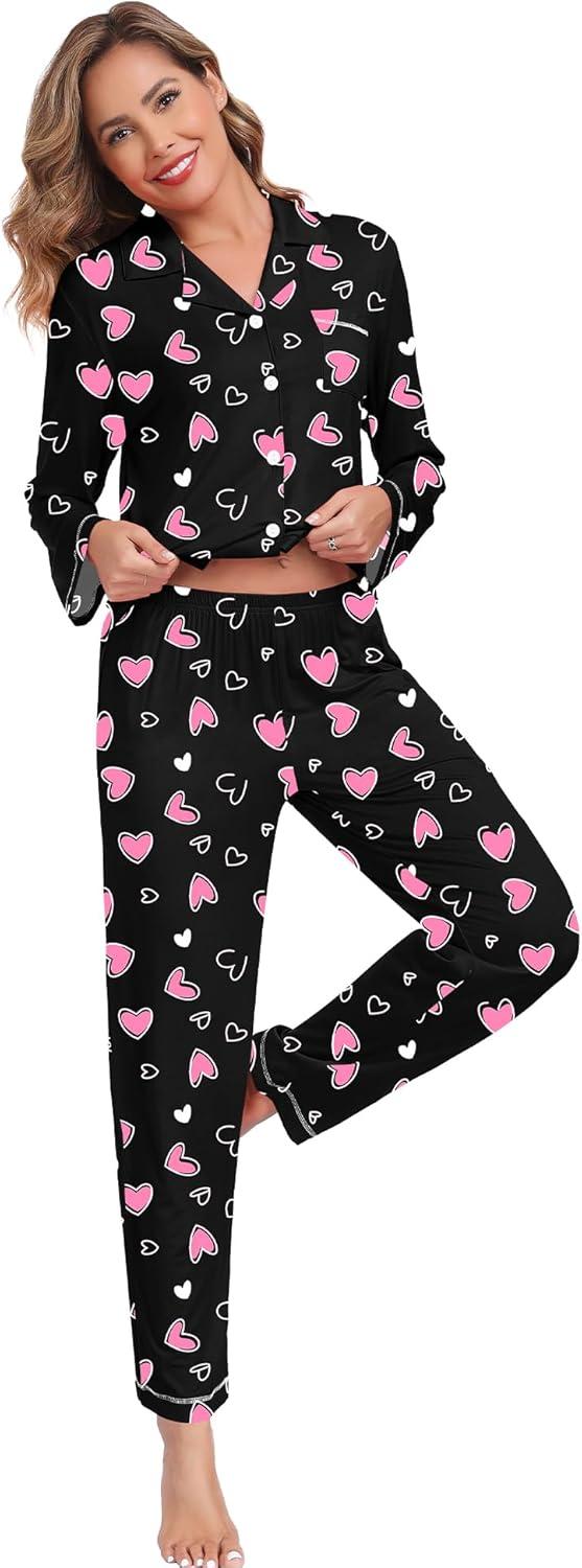 imageSWOMOG Womens Pajama Sets Long Sleeve Button Down Sleepwear Soft Pjs Lounge Sets with Pockets Navy Blue Wide PipingStyleablack Pink Heart