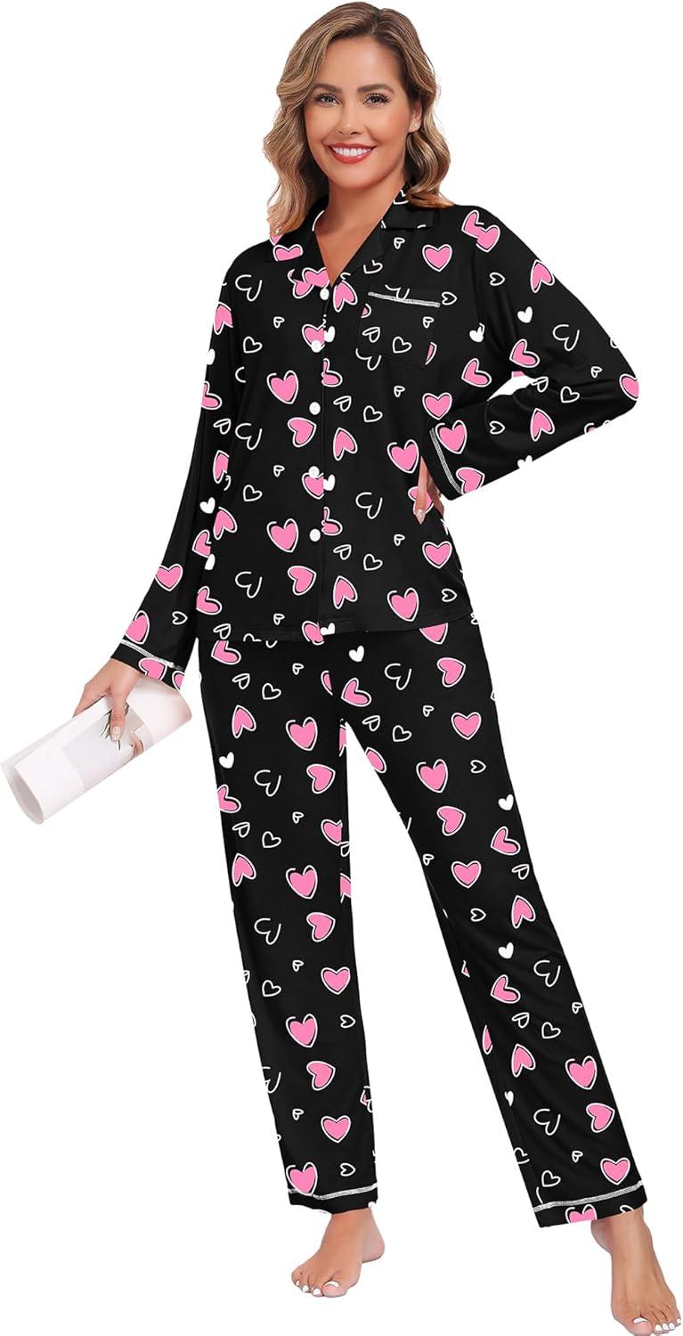 imageSWOMOG Womens Pajama Sets Long Sleeve Button Down Sleepwear Soft Pjs Lounge Sets with Pockets Navy Blue Wide PipingStyleablack Pink Heart