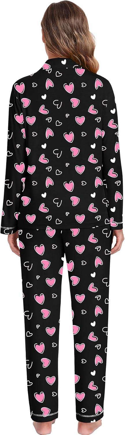 imageSWOMOG Womens Pajama Sets Long Sleeve Button Down Sleepwear Soft Pjs Lounge Sets with Pockets Navy Blue Wide PipingStyleablack Pink Heart