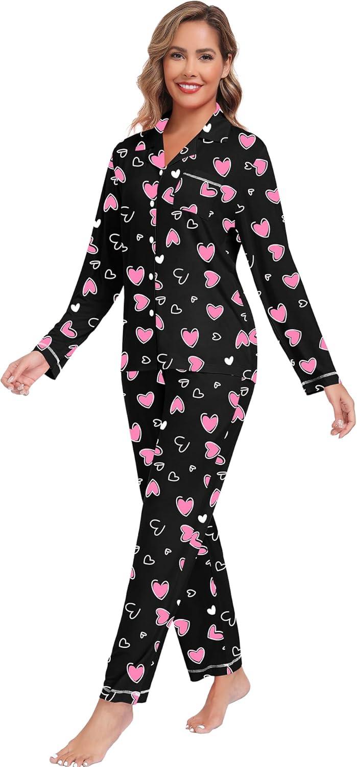 imageSWOMOG Womens Pajama Sets Long Sleeve Button Down Sleepwear Soft Pjs Lounge Sets with Pockets Navy Blue Wide PipingStyleablack Pink Heart