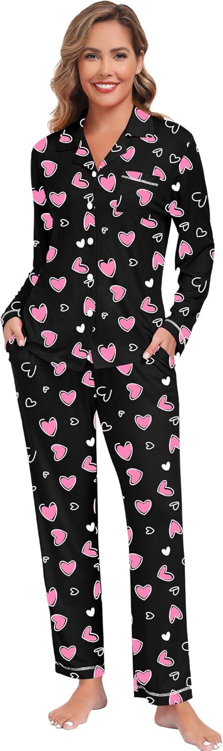 imageSWOMOG Womens Pajama Sets Long Sleeve Button Down Sleepwear Soft Pjs Lounge Sets with Pockets Navy Blue Wide PipingStyleablack Pink Heart