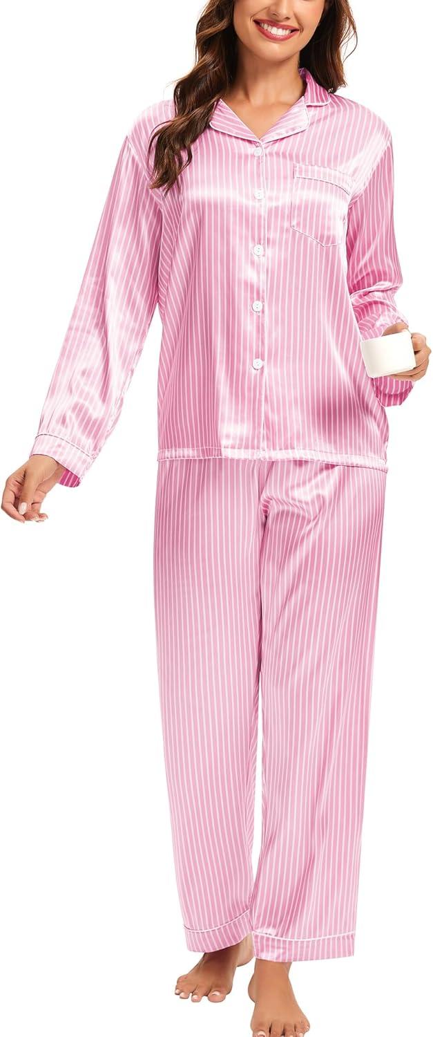 imageSWOMOG Womens Silk Satin Pajamas Set Long Sleeve Button Down Sleepwear 2 Piece Lounge Set Pj Set XS3XLStriped Pink