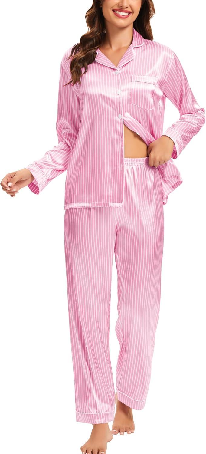 imageSWOMOG Womens Silk Satin Pajamas Set Long Sleeve Button Down Sleepwear 2 Piece Lounge Set Pj Set XS3XLStriped Pink
