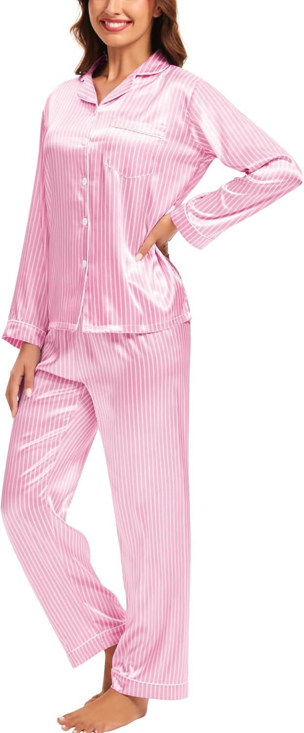 imageSWOMOG Womens Silk Satin Pajamas Set Long Sleeve Button Down Sleepwear 2 Piece Lounge Set Pj Set XS3XLStriped Pink
