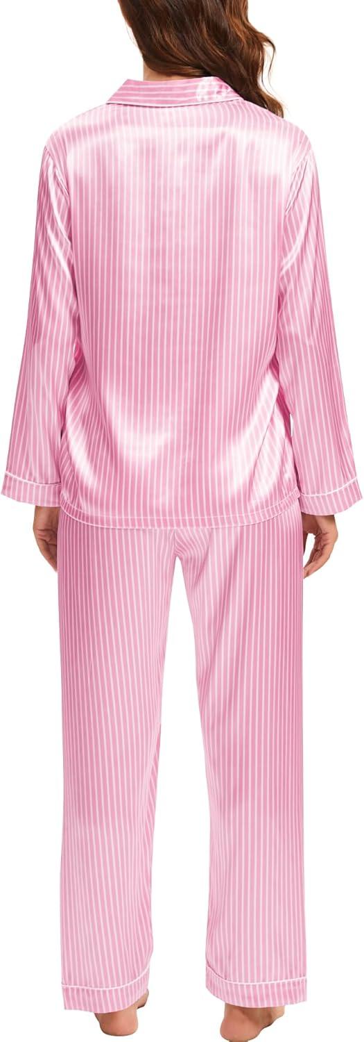 imageSWOMOG Womens Silk Satin Pajamas Set Long Sleeve Button Down Sleepwear 2 Piece Lounge Set Pj Set XS3XLStriped Pink