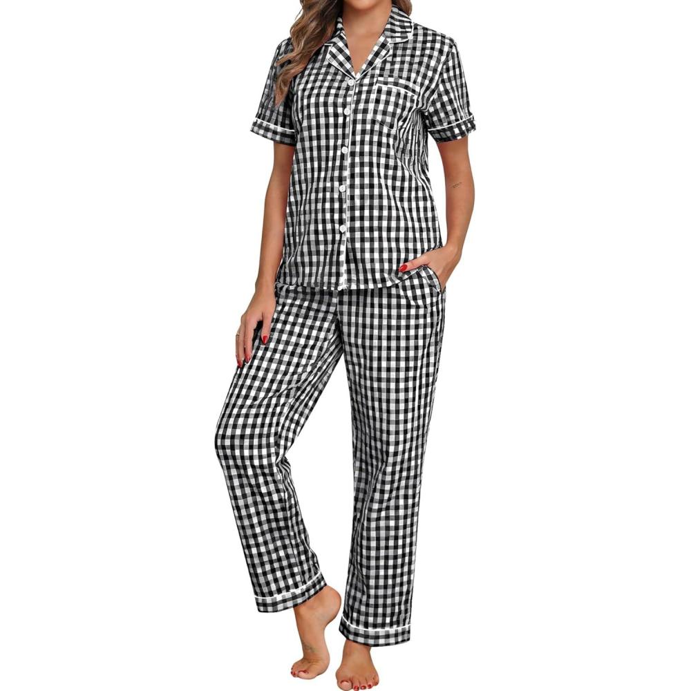 imageSWOMOG 100 Cotton Pajamas for Women Set 2PCS ButtonDown Lounge Pjs Short Sleeve Tops and LongPants with PocketBlackwhite Plaid