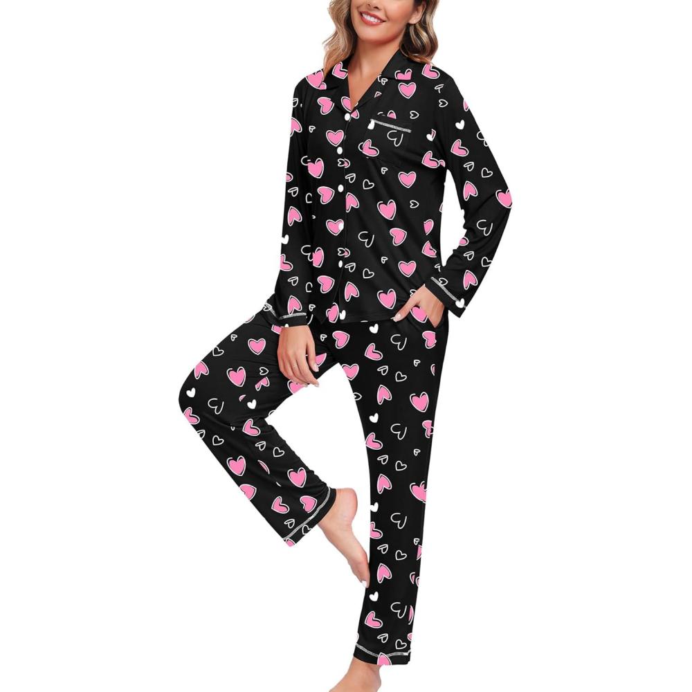 imageSWOMOG Womens Pajama Sets Long Sleeve Button Down Sleepwear Soft Pjs Lounge Sets with Pockets Navy Blue Wide PipingStyleablack Pink Heart